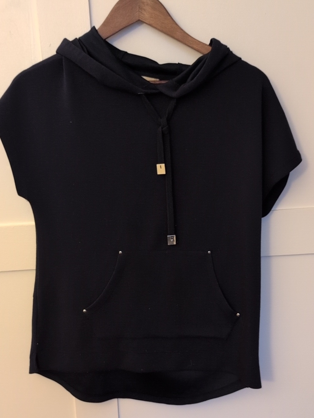Elie Tahari Black Short-Sleeve Hooded Top with Stud Accents